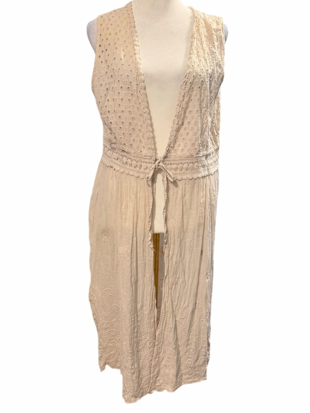 Valentina Naldi Crinkle Linen Duster Vest Floral Embroidery Eyelet Tie Front